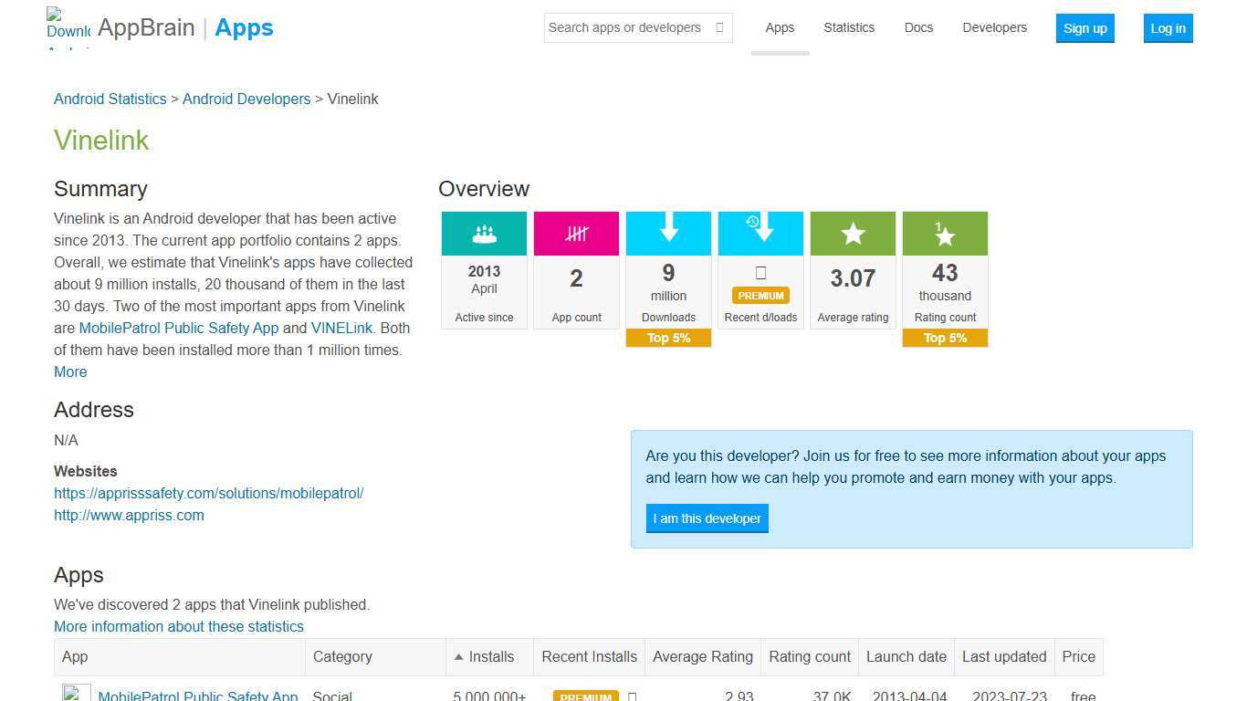 Vinelink - Android developer info on AppBrain