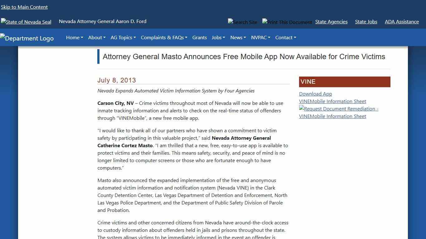 Attorney General Masto Announces Free Mobile App Now Available for Crime Victims